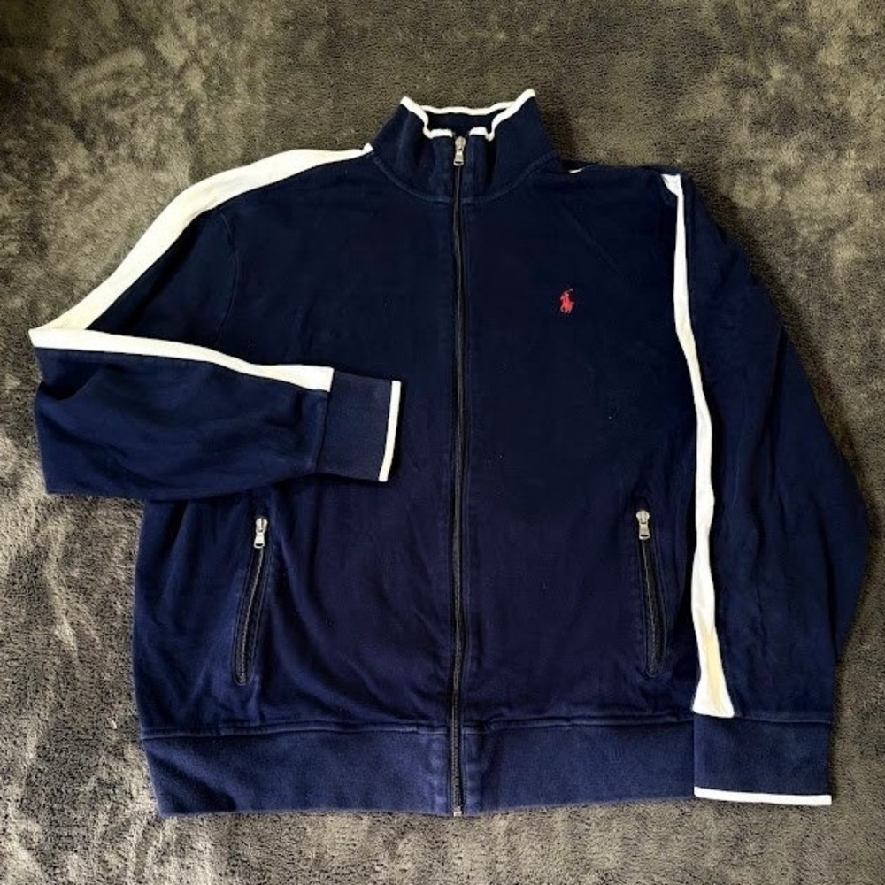 Polo Ralph Lauren Mens XL Navy Blue White Stripe Full Zip Track Jacket Cotton